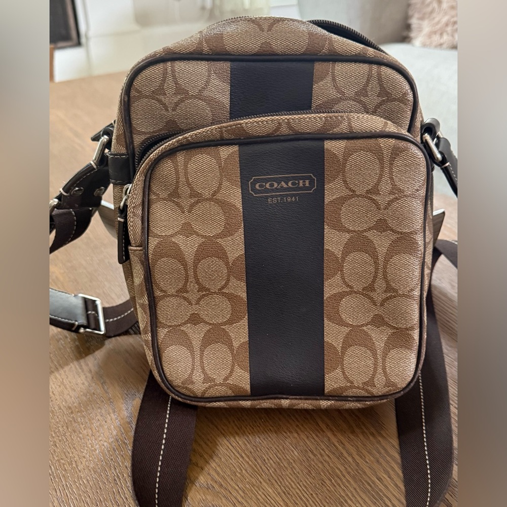 COACH Brown Signature Canvas Messenger with Dark Brown Center Stripe